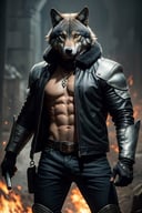 (masterpiece:1.2),  The picture shows a wolf wearing a helmet and wearing a leather jacket. The wolf has a formidable and powerful appearance, reminiscent of a warrior. The helmet he wears is made of heavy metal and has sharp teeth all around. The helmet covers his eyes, creating a mysterious and unapproachable look. Wolf also wears a leather jacket, which gives him extra protection and looks very stylish. The jacket has many small details such as embroideries, buttons and pockets that make it even more interesting and unique. The eyes of the wolf are hidden under the helmet, but their intensity and power penetrate the metal mask. The look of the wolf is full of determination and confidence, it expresses his strength and character. The wolf in the helmet has incredible power and strength. His muscular frame and formidable appearance speak of his unsurpassed physical strength. He looks like an invincible warrior, ready to take on any opponent. All these details create the image of a helmeted wolf, which is a powerful and impressive character., (waifu, anime, exceptional, best aesthetic, new, newest, best quality, masterpiece, extremely detailed:1.2),