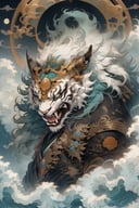 mythical clouds, legendary beast, tigers, no humans, moon, full moon, claws, horns, open mouth, cloud, teeth, fangs, solo, waves <lora:sdxl_mythicalclouds:0.8>
