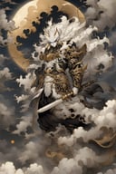 mythical clouds, 1boy, male focus, long hair, white hair, solo, moon, holding, weapon, glowing eyes, full moon, glowing, looking at viewer, cloud <lora:sdxl_mythicalclouds:0.8>