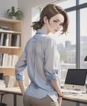 real photograph of young white woman standing and leaning over desk looking back toward camera. Bending forward. Loose-hanging shirt. Women looking at camera with smirk. Loose-fitting shirt. Real photograph. Art photography. Office. Natural light. Instagram model. Modern office.