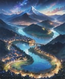 a mountain 3 stars at the peak with a vibrant night sky and a city with a river running through it nestled in the valley