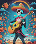 sugar skull mariachi man, surrealism artwork, collage art style, futuristic elements, detailed illustrations, vibrant bold colors, abstract elements, spacial, surrealism, graphic for a tshirt, 8K resolution, technicolor, high detail,