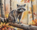 raccoon in the woods full water color painting, Autumn, fall season