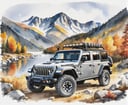 dark gray jeep wrangler rubicon jl 2020, expedition to autumn mountains, in watercolor style, round sticker on a white background, light