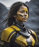 one of the san antonio battlefront girl for photoshop warrior paint for, in the style of laurent baheux, expressive eyes, norwegian nature, dark black and yellow, kazimir malevich, photo taken with nikon d750, art of the upper paleolithic