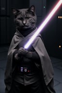 a master jedi cat in star wars with a lightsaber, wearing a jedi cloak hood (cat:1.3)