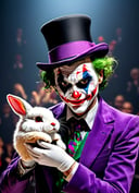  PEJoker, joker,
performing a magic trick, pulling a bunny out of a hat,
on stage, 
masterpiece, high resolution, octance 4k, high detail,
