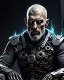 feeble corrupted man,(sitting),shaved head,cybernetics,science ,large grey beard, eyes are glowing of the void, intricate,detailed, sharp_focus, depth of field,cinematic lighting,caustics,
explosion of pain,real,realistic,eyes of collapsing causality, volumetric ambiance,oxidation,crumbling
