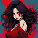 top view, Bare shoulder,sexy, cleavage,medium breast, 1 girl,asia lady, long wavy hair, Wool,simple background,(Colorful gradient background), (masterpiece,best quality), red lips, blood, gloomy style, scary eyes,angry, niji style
