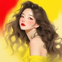 bare shoulder,sexy, cleavage,medium breast, 1 girl,asia lady, portrait, long wavy hair, Wool,simple background,(electric yellow gradient background), (masterpiece,best quality), red lips, cry,niji style