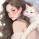 bare_shoulder, sexy, 1girl,cute cat, solo, long wavy hair, lips, niji style, ghibli anime style