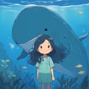 little girl standing next to cute Blue Whale ,smile, lips,Costa Rica, long wavy dark green hair hair, drawings,(niji style, ghibli anime style:1.2)