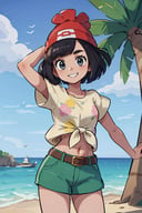((masterpiece,best quality)), absurdres,  <lora:selene_(pokemon)_v1:0.7>,  selene \(pokemon\), solo, grey eyes, black hair, green shorts, red headwear, beanie, shirt, tied shirt, floral print, short hair, short sleeves, short shorts, striped, yellow shirt, belt, midriff,  solo, smiling, looking at viewer, cowboy shot,  cinematic composition, dynamic pose, palm tree and beach in background,