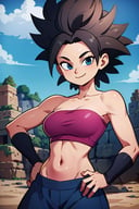 ((masterpiece,best quality)), absurdres, <lora:Caulifla_DB:0.7>, Caulifla_DB, bare shoulders, midriff,, solo, smiling, looking at viewer, cowboy shot, cinematic composition, 