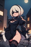 masterpiece, best quality, highres, hm2b, black blindfold, covered eyes, mole under mouth, clothing cutout, long sleeves, puffy sleeves,  juliet sleeves, feather trim, black thighhighs, black gloves, black dress, black skirt, thigh boots, <lora:y2b_v2-1:0.7>, holding weapon, katana, night, cyberpunk,