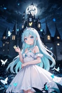 1girl, solo, masterpiece, incredibly absurdres, long hair, elegant white dress,  best quality, glowing blue transparent butterfly, black gradient blue hair, aqua eyes, looking at viewer,  center,  standing,  night sky, close view,  castle hall,  outdoors,  blue moon,  glowing effect,  diadem,  castle,  nighttime,  night sky, close view
