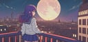 masterpiece, top quality, best quality, official art, beautiful and aesthetic, extreme detailed, colorful, highest detailed, (solo:1.5), a girl in Cityscape, Aerial View, night, moon, a girl,backview, school girl, serafuku, cute girl,

