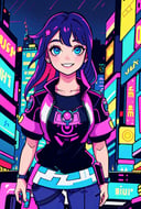 masterpiece, best quality, 1girl, solo, night, colorful, cityscape, cyberpunk, light smile, city pop, vector illustration

