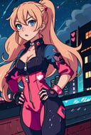  anime illustration, best shadows, crouching, nighttime, city background, starry sky, (red bodysuit:1.1), zipper, hand on hip, ann takamaki [persona], 1girl, confident expression, blonde twintails, blue eyes, hearts, medium breasts, pink gloves, cleavage, looking away
