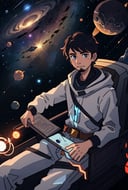 Draw a young programmer, sitting on a research platform floating in the middle of an asteroid belt. He is studying with a notebook, surrounded by several asteroids glowing with fiery auras. Dramatic lighting from distant stars and planets illuminates the scene, casting deep shadows on the suit. The young man looks confident and determined, looking at the vast and mysterious universe with wonder and respect,facial hair, cowboy shot,
