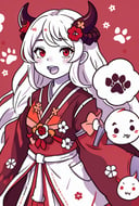1girl, :d, abyssal_ship, colored_skin, dango, floral_background, flower, food, horns, japanese_clothes, long_hair, monochrome, northern_ocean_princess, open_mouth, paw_print, solo, white_skin, red eyes,
