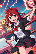  anime illustration, soft lighting, scenic background, carnival, roller coasters, gekkoukan high school uniform, white button up shirt, black pleated skirt, boots, red hair over on eye, excited happy expression, hearts
