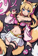 ahri, 1girl, absurdres, ahri_\(league_of_legends\), animal_ears, bangs, bare_shoulders, black_choker, black_leotard, blonde_hair, breasts, brown_eyes, choker, cleavage, collarbone, covered_navel, fox_ears, fox_girl, fox_tail, headset, heart, highres, k/da_\(league_of_legends\), k/da_ahri, league_of_legends, leotard, medium_breasts, multiple_tails, off-shoulder_shirt, off_shoulder, official_alternate_costume, pink_nails, shirt, sketch, solo, tail, white_shirt
