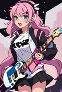 masterpiece, best quality, 1girl, bangs, black background, black skirt, black socks, blue eyes, breasts, cube hair ornament, earphones, electric guitar, facing viewer, feet out of frame, gibson les paul, guitar, hair between eyes, hair ornament, holding, holding instrument, instrument, jacket, light particles, long hair, long sleeves, looking at object, music, open mouth, pink hair, pink jacket, playing instrument, pleated skirt, simple background, skirt, small breasts, socks, solo, spotlight, standing, track jacket, 
