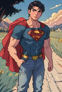 portrait of an 18 year old muscular young man from the 1890s, superman t-shirt, blue jeans, boots, walking along a dusty country road, cinematic composition, professional color grading, film grain, atmosphere, wondrous, in the art style of francis manapul, carrying a bindle over shoulder like a hobo,
