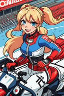  sketch, traditional media, outdoors, race track, giant television screens, riding a motorcycle, racesuit, red cat tail, ann takamaki [persona], 1girl, happy expression, blue eyes, blonde twintails
