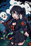  anime illustration, best shadows, outdoors, graveyard, dead trees, halloween, pumpkins, ghosts, fangs, black hair twintails, black lacy dress, bandages, black thigh boots, ann takamaki [persona], 1girl, happy expression, blue eyes, scary pose

