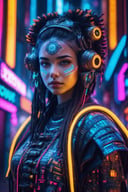 Tribal style ((Macrophotography)),Neonpunk Girl in a Cybernetic Metropolis: Cyberpunk setting, neon lights, futuristic girl character, vibrant and detailed.,3d style . Indigenous, ethnic, traditional patterns, bold, natural colors, highly detailed