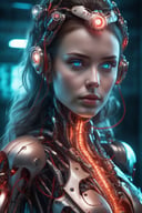 Hyperrealistic art  ((full body)), beautiful woman semi robot ,red wire led,aqua eyes, burning eyes, looking at viewer . Extremely high-resolution details, photographic, realism pushed to extreme, fine texture, incredibly lifelike