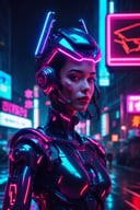 Neon noir beautiful woman semi robot  taking selfie,looking at viewer,  . Cyberpunk, dark, rainy streets, neon signs, high contrast, low light, vibrant, highly detailed