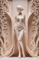 Kirigami representation of ((full body)), (RAW photo), (8k), (masterpiece),beautiful woman,  looking at viewer,  . 3D, paper folding, paper cutting, Japanese, intricate, symmetrical, precision, clean lines