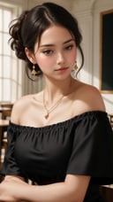 ((beautiful face)), extremely delicate facial,the creamy smooth skin,masterpiece, 1girl, best quality, ultra high res, (photorealistic:1.4),full_body,,tender shining,amazing scene lighting,(In classroom), ((black off-shoulder dress)),Look at the audience,necklace