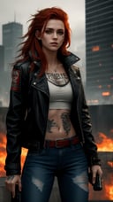 A dazzling snapshot of a red-haired rebel in a leather jacket and jeans, standing on a rooftop of a dystopian city. Her face is fierce and confident, with piercing eyes and a smirk. Her hair is wild and messy, reflecting her rebellious spirit. Her jacket and jeans are worn and torn, revealing her tattoos and scars. She holds a gun in one hand and a spray can in the other, ready for action. The image is gritty and realistic, with every detail rendered in 8k resolution. The lighting is dark and moody, creating a contrast with her fiery hair. The background is chaotic, with explosions, smoke and graffiti. The image is a work of adrenaline and attitude, showcasing the girl’s courage and charisma. She looks like a nightmare come true, a perfect blend of badass and sexy, like a cyberpunk heroine.