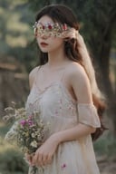 1 girl charming, nature landscape, flower gardern background, full body,
Flower Blindfold, (look at viewer), high detailed, masterpiece, 4K, best quality, (ultra realistic), full body, standing, long dress, street, Wide Short,