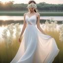 A photo-realistic rendering charming girl, white dress, nature light, ultra realistic, 32K, (flower blindfold), long dress, Wide Short, nature landscape, masterpiece, best quality, RAW photo