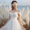 A photo-realistic rendering charming girl, white dress, nature light, ultra realistic, 32K, (flower blindfold), long dress, Wide Short, nature landscape, masterpiece, best quality, RAW photo