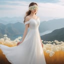 A photo-realistic rendering charming girl, white dress, nature light, ultra realistic, 32K, (Flower Blindfold), long dress, Wide Short, nature landscape, masterpiece, best quality, RAW photo
