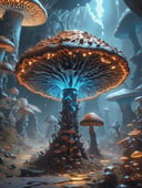 ((best quality)), ((masterpiece)), ((realistic,digital art)), (hyper detailed),DonMPl4sm4T3chXL Blotchy Average Conical Gilled mushroom, Iridescent Sheen, Pitted, Enhanced Nutrient Uptake, Backwater, Dense,   Persistent Annulus, Dark brown Gradually Tapering to a Truncate Base, Toxic, , octane rendering, raytracing, volumetric lighting, Backlit,Rim Lighting, 8K, HDR,  <lora:DonMPl4sm4T3chXL-000010:0.7>