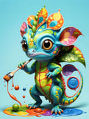 Kawaii Chameleon Painter changing its body colors to match its vibrant painting. Render this in an anime style, focusing on the chameleon's cute, wide eyes and intricate patterns on its body.<lora:xl_more_art-full-beta3_1_0.5:1>