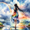masterpiece, best quality, absurdres, illustration, watercolor, 1girl, solo, long hair, black hair, dress, skirt hold, wading, sleeveless, barefoot, bare shoulders, standing, from behind, outdoors, cloud, sky, bird, water, rainbow,<lora:xl_more_art-full-beta3_1_0.5:1>