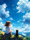 A anime, little girl sitting on the hill looking at sky, with her hair blowing in clear day, with cat, (blue sky:1.25), sideway glance, young girl, cloud, endless sea, noon, summer, floating hair, cumulus clouds, forest, tree, face focus, cute<lora:xl_more_art-full_v1:1.4>