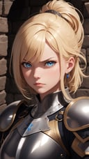 (masterpiece, best quality), intricate details, beautiful girl, platinum armor, detailed engraving, engraved breastplate, upper body, looking at viewer, medieval, angry, sad, blonde hair, punishment cell, dungeon, dark stonework room, night, highres, ultra detailed, finely detail, detailed eyes and face and skin, sharp pupils, realistic pupils, sharp focus, slightly light