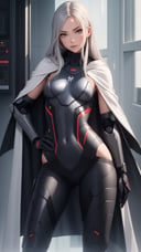 (masterpiece, best quality), intricate details, 1girl, BREAK android, (grey cybersuit), (black upper armor), mechanical arms, machinery, prosthesis, solo, silver hair, long hair, cloak, BREAK looking at viewer, hand on hip, contrapposto,