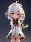nahida \(genshin impact\), chibi, 3d, render, pvc, (right ponitail), green eyes, one eye closed, smile, high lights, light aura, best quality, masterpiece, a very delicate and beautiful, (one little and cute girl at the center:1.2), (solo:1.3), outdoors