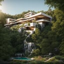 A photography showcase of Fallingwater, the iconic architecture by Frank Lloyd Wright located in Mill Run, Pennsylvania. Through the lens of Ansel Adams, using a 35mm lens, the scene captures the house’s unique cantilevered terraces amidst the verdant forest. The color temperature exudes a cool blueish tint. No facial expressions as the primary focus is on the structure. Ambient light from the sun provides a gentle glow to the scene, casting soft shadows. The atmosphere is serene and timelessDive into the world of Photography that captures the essence of Frank Lloyd Wright's modern "Frank Lloyd Wright's modern style villa" with a focus on the architectural marvel of Fallingwater. Through a 35mm lens, witness the structure in intense clarity and sharpness. The image has a warm color temperature that highlights the building's iconic cascading forms. No facial expressions are present as the image focuses solely on architecture. The lighting is natural, with the sun casting soft shadows on the structure, giving depth and texture. The atmosphere feels serene and untouched by timeA modern  house seamlessly integrates natural elements into its design. The architecture embodies an urban oasis concept, featuring a balcony adorned with lush greenery and a front yard that blends nature with the environment. Soft ambient lighting casts a warm and welcoming glow. Channeling the spirit of renowned architect Frank Lloyd Wright, this design showcases his signature organic architecture style. The medium for this artwork is an architectural blueprint rendered in high-definition 3D graphics, emphasizing every detail of the design. The color scheme primarily consists of earthy tones and various shades of green, enhancing the connection to nature