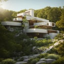 ((A photography showcase of Fallingwater, the iconic architecture by Frank Lloyd Wright located in Mill Run, Pennsylvania. Through the lens of Ansel Adams, using a 35mm lens, the scene captures the house’s unique cantilevered terraces amidst the verdant forest. The color temperature exudes a cool blueish tint. No facial expressions as the primary focus is on the structure. Ambient light from the sun provides a gentle glow to the scene, casting soft shadows. The atmosphere is serene and timeless))Dive into the world of Photography that captures the essence of Frank Lloyd Wright's modern "Frank Lloyd Wright's modern style villa" with a focus on the architectural marvel of Fallingwater. Through a 35mm lens, witness the structure in intense clarity and sharpness. The image has a warm color temperature that highlights the building's iconic cascading forms. No facial expressions are present as the image focuses solely on architecture. The lighting is natural, with the sun casting soft shadows on the structure, giving depth and texture. The atmosphere feels serene and untouched by timeA modern house seamlessly integrates natural elements into its design. featuring a balcony adorned with lush greenery and a front yard that blends nature with the environment. Soft ambient lighting casts a warm and welcoming glow. Channeling the spirit of renowned architect Frank Lloyd Wright, this design showcases his signature organic architectural style. The medium for this artwork is an architectural blueprint rendered in high-definition 3D graphics, emphasizing every detail of the design. The color scheme mainly consists of earthy tones and various shades of green, enhancing the connection to nature